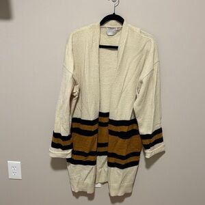 Lush Cream Open-Front Cardigan with Black and Brown Stripes
